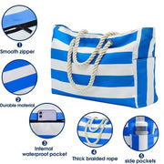 Oversized Striped Canvas Pool Bag with Pockets, Royal Blue Specs