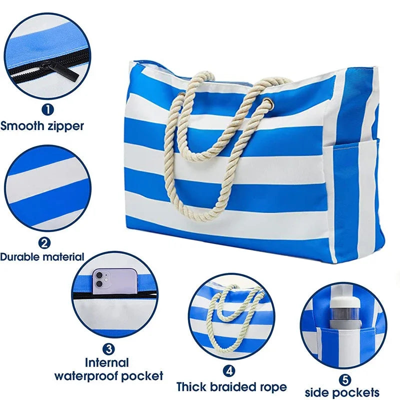 Oversized Striped Canvas Pool Bag with Pockets, Royal Blue Specs