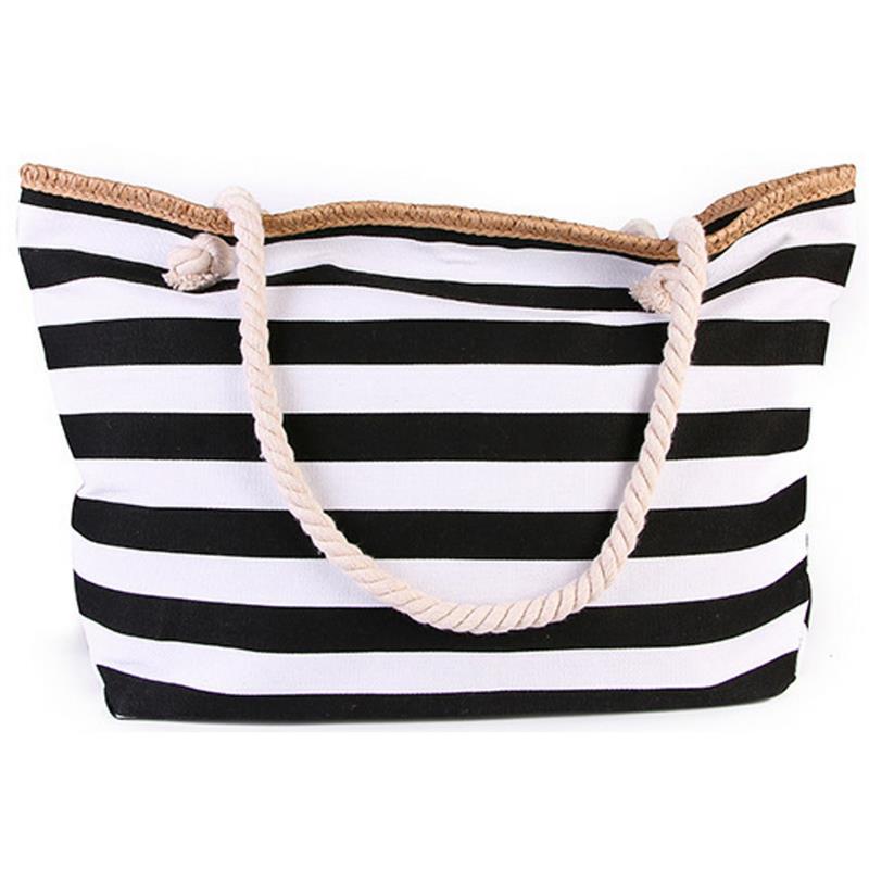 Solid Striped Canvas Tote Bag with Zipper Top