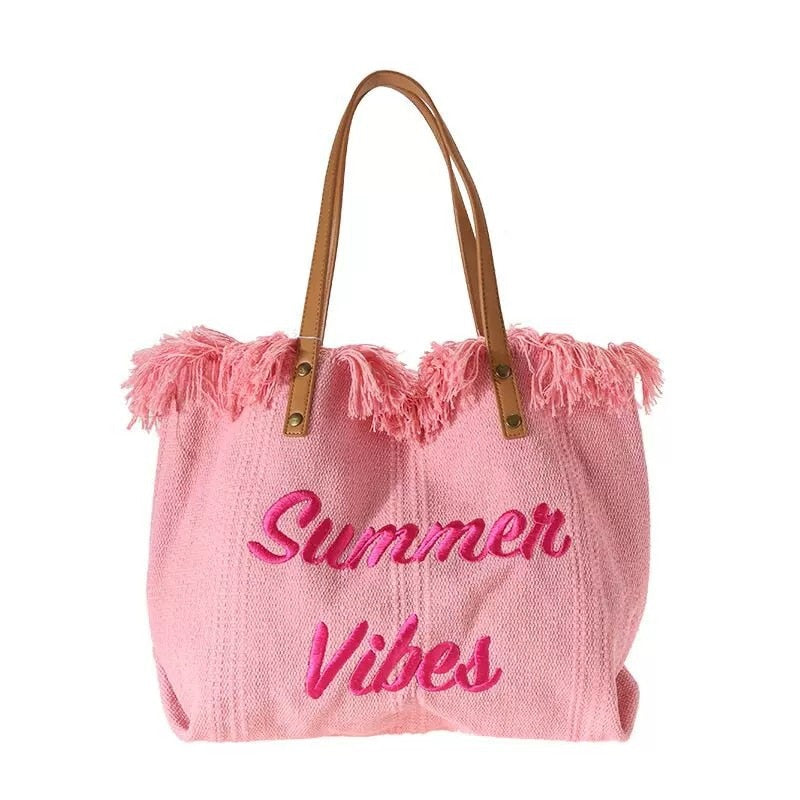 Summer Vibes Tassle Canvas Beach Bag