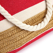 Wide Striped Canvas Beach Tote with Zipper Top, Red Handle