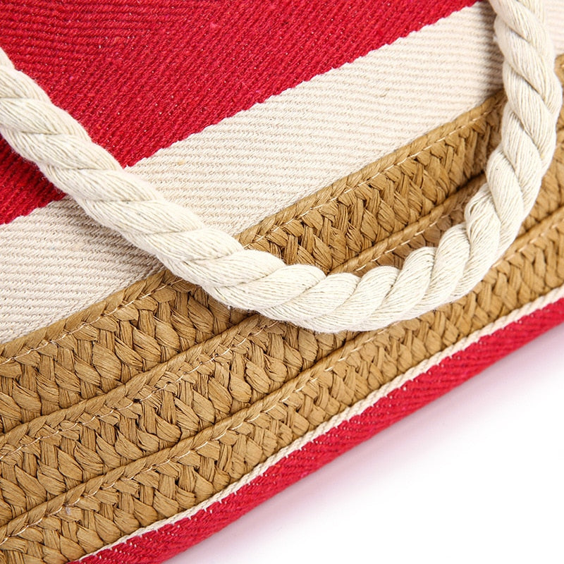 Wide Striped Canvas Beach Tote with Zipper Top, Red Handle
