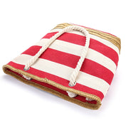 Wide Striped Canvas Beach Tote with Zipper Top, Red Side View