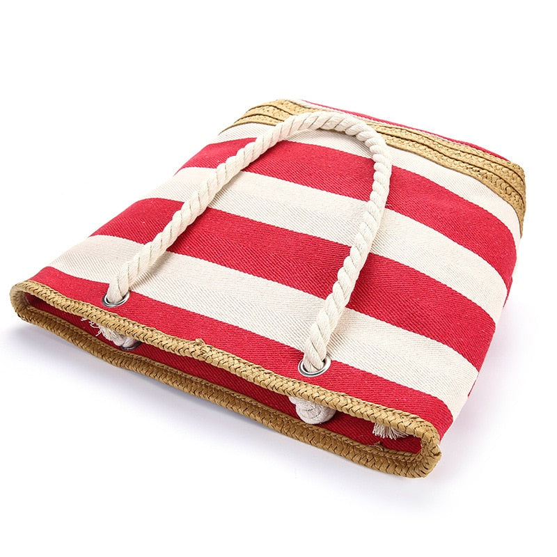 Wide Striped Canvas Beach Tote with Zipper Top, Red Side View