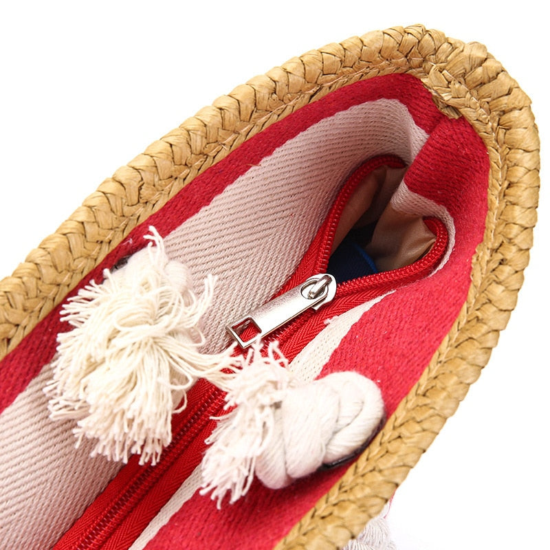 Wide Striped Canvas Beach Tote with Zipper Top, Red Zipper