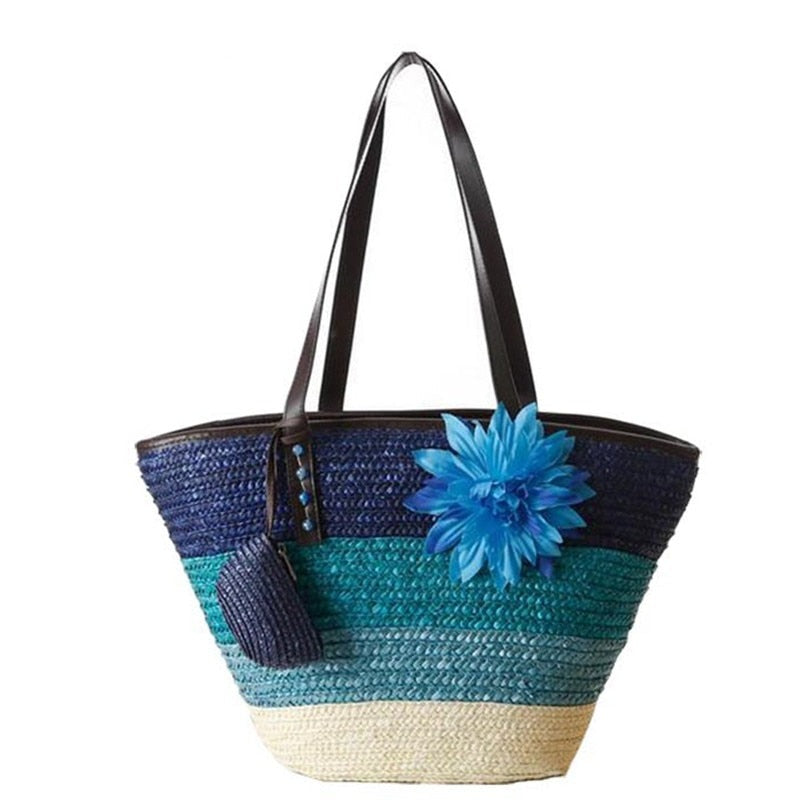 Color Block Woven Straw Beach Bag, Blue