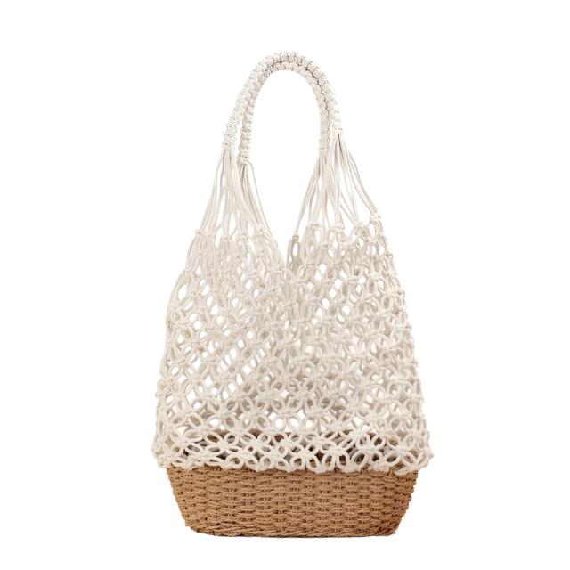White Fish Net Beach Bag with Woven Base