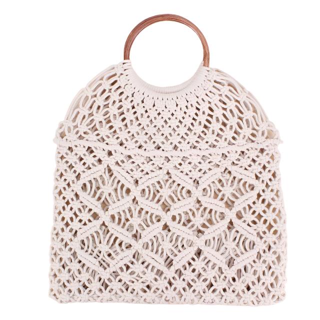 White Fish Net Beach Bag with Wooden Handles