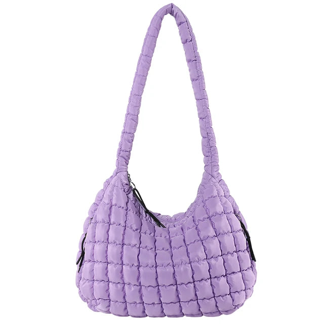 Lavender Quilted Puffer Shoulder Bag with Zip Top