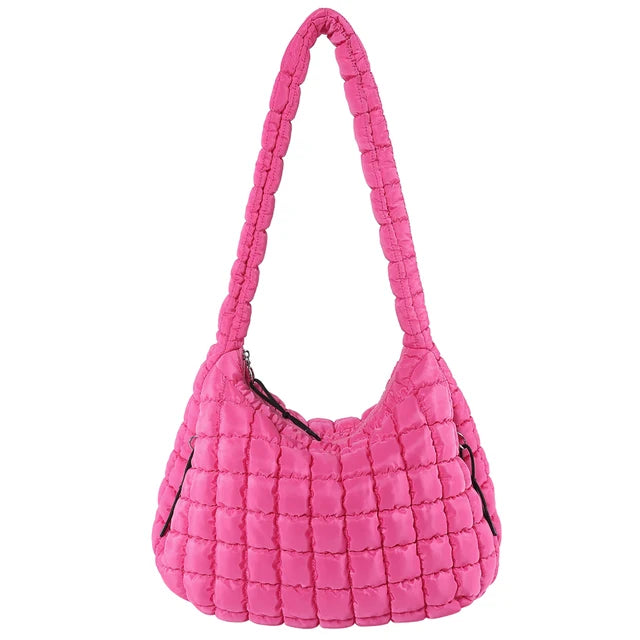 Hot Pink Quilted Puffer Shoulder Bag with Zip Top