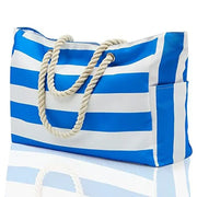 Oversized Striped Canvas Pool Bag with Pockets, Royal Blue