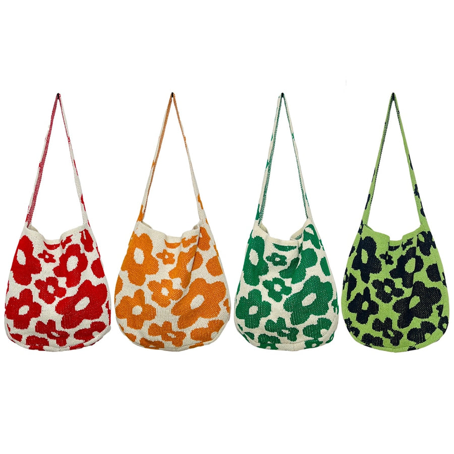 Flower Print Knit Shoulder Bag, all colors