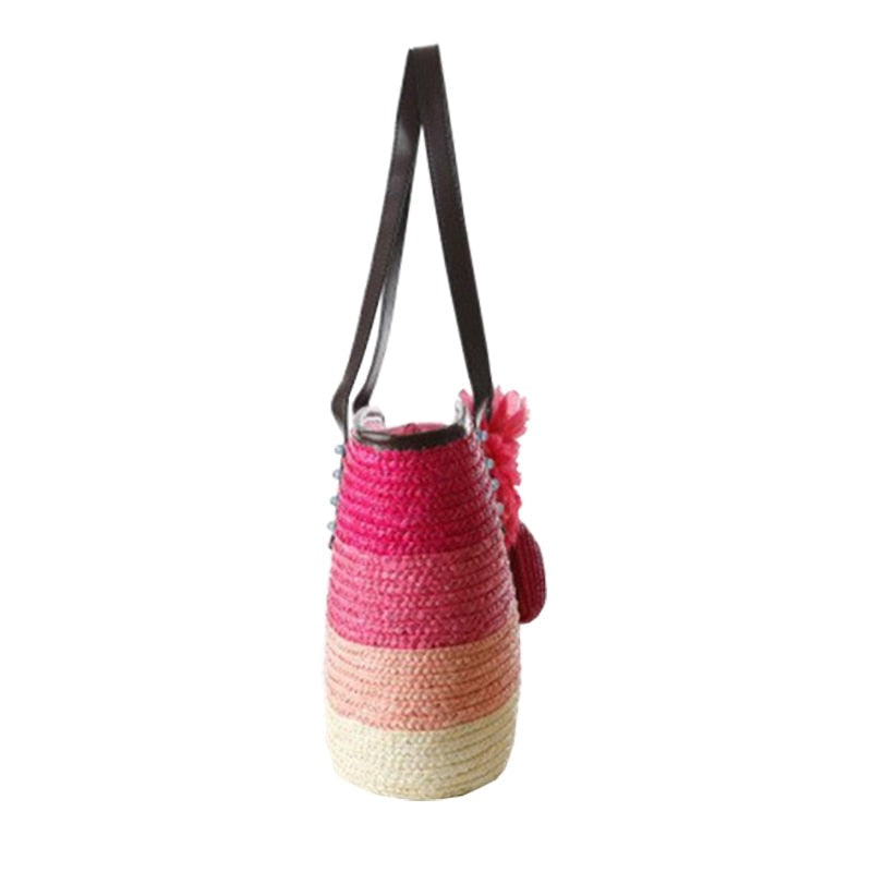 Color Block Woven Straw Beach Bag, Pink side view